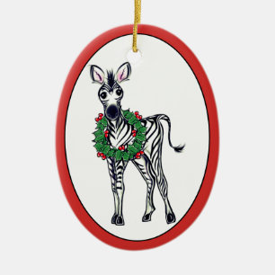 Festive kerstmis Zebra, rode groene Holly met adem Keramisch Ornament