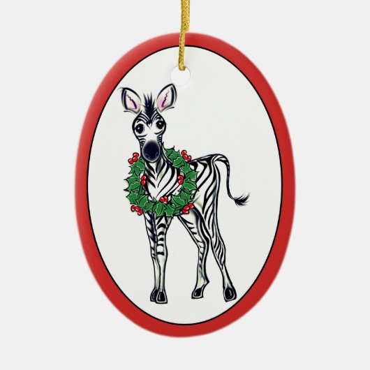 Festive kerstmis Zebra, rode groene Holly met adem Keramisch Ornament (Voorkant)