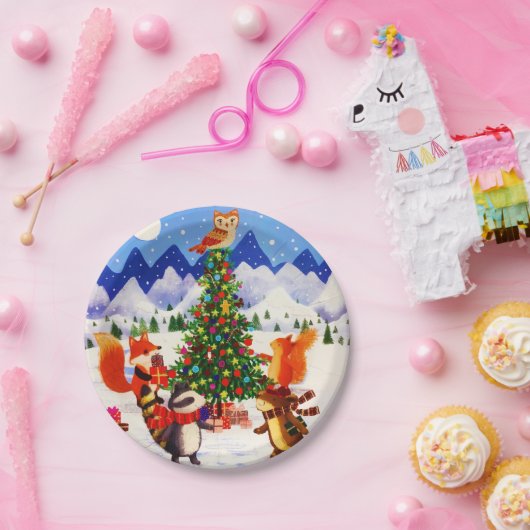 Festive kerstMountain Woodland Animal Family Papieren Bordje (Feest)