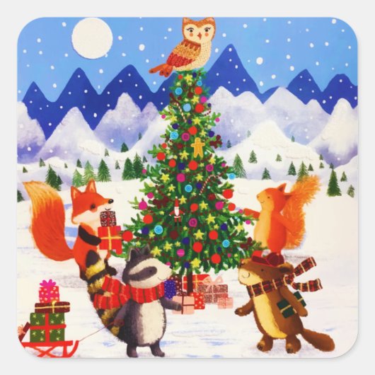 Festive kerstMountain Woodland Animal Family Vierkante Sticker (Voorkant)