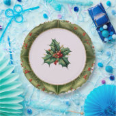 Festive Kerstoolive Green Holly Papieren Bordje (Feest)