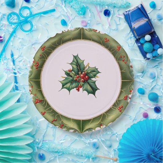 Festive Kerstoolive Green Holly Papieren Bordje (Feest)