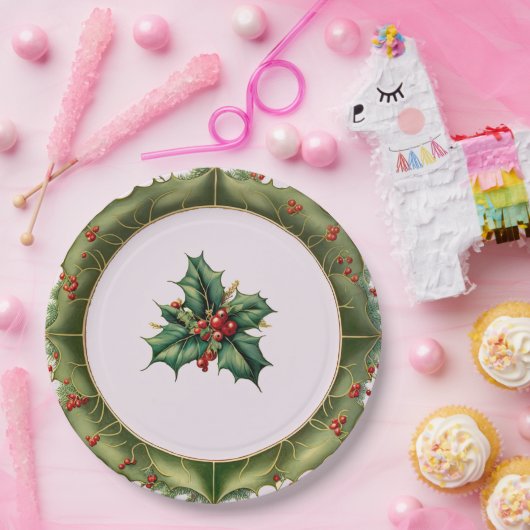 Festive Kerstoolive Green Holly Papieren Bordje (Feest)