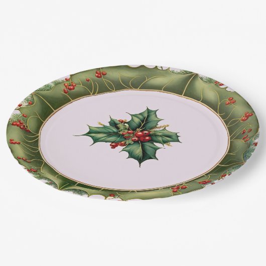 Festive Kerstoolive Green Holly Papieren Bordje (Gekanteld)