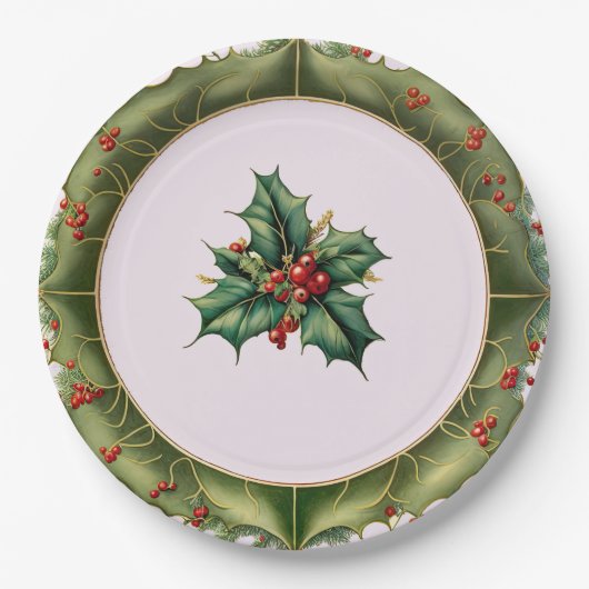 Festive Kerstoolive Green Holly Papieren Bordje (Voorkant)
