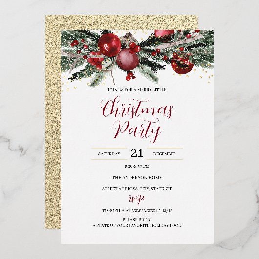 Festive kerstparty Foliage Red Gold Folie Uitnodiging (Voorkant / Achterkant)