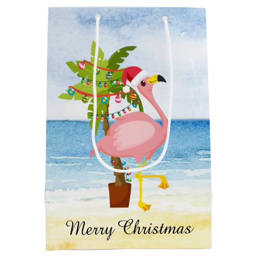 Festive kerstroze flamingo voeg tekst toe medium cadeauzakje (Achterkant)