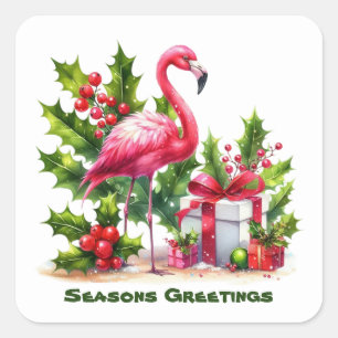 Festive kerstroze flamingo voeg tekst toe vierkante sticker
