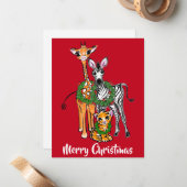 Festive kerstsafari, zebra giraffe lion notitiekaartje (Voorkant / Achterkant in situ)