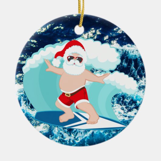 Festive kerstsurfende kerstman voegt sentiment toe keramisch ornament (Voorkant)