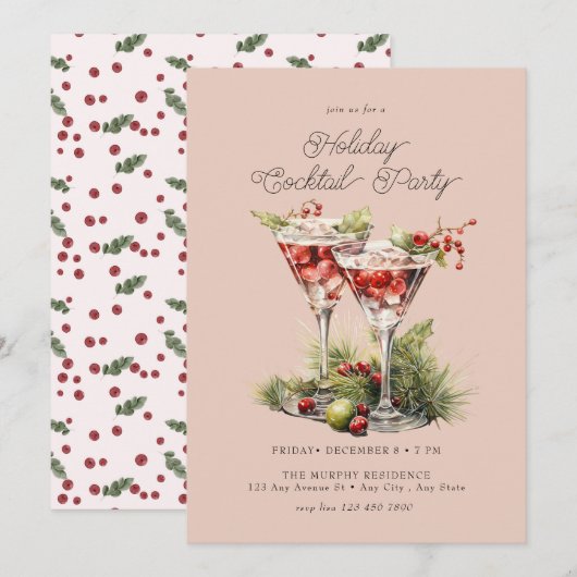Festive kerstWaterverf cocktail Party Kaart (Voorkant / Achterkant)