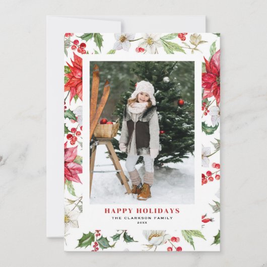 Festive Kerstwinter Floral Pattern Foto Feestdagenkaart (Voorkant)
