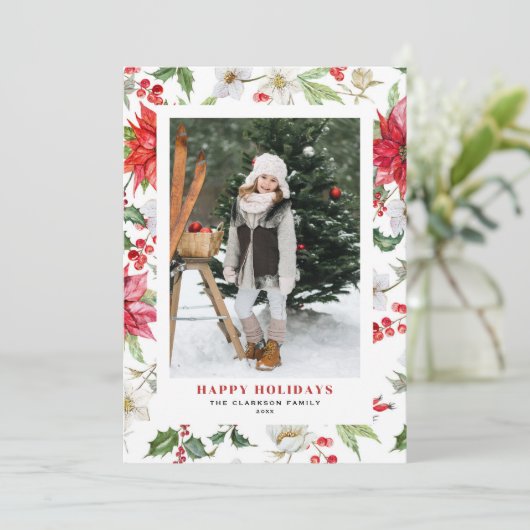 Festive Kerstwinter Floral Pattern Foto Feestdagenkaart (Staand voorkant)