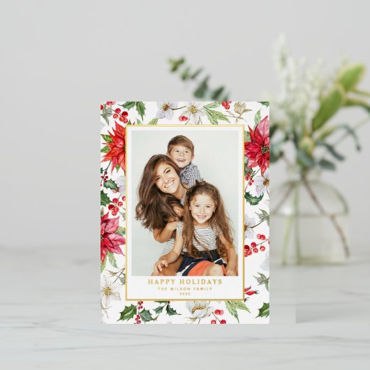 Festive Kerstwinter Floral Pattern Foto Folie Feestdagen Briefkaart (Staand Voorkant)
