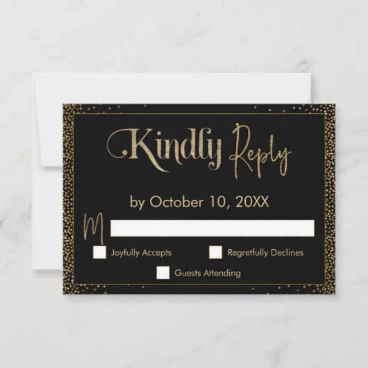 Festive Kindly Reply Faux Gold Confetti op Black RSVP Kaartje (Voorkant)