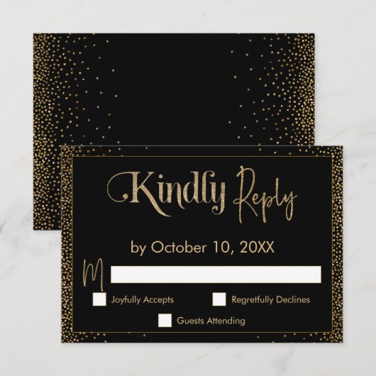 Festive Kindly Reply Faux Gold Confetti op Black RSVP Kaartje (Voorkant / Achterkant)