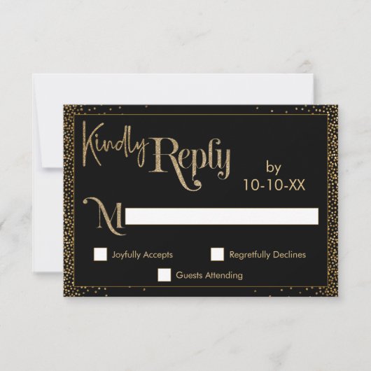 Festive Kindly Reply Faux Gold Confetti op Black RSVP Kaartje (Voorkant)
