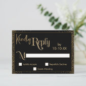 Festive Kindly Reply Faux Gold Confetti op Black RSVP Kaartje (Staand voorkant)
