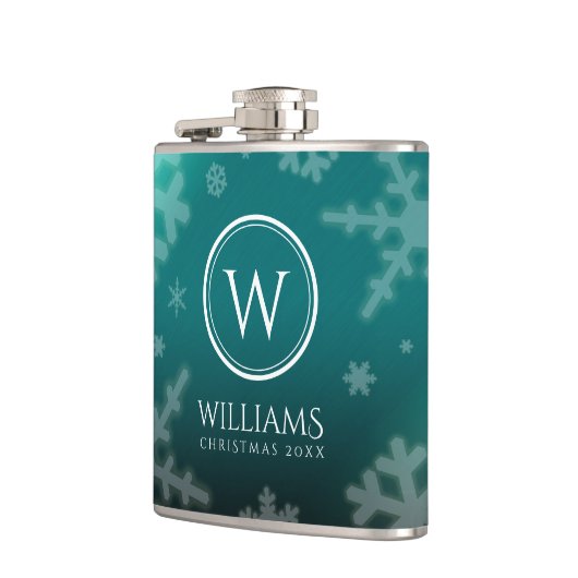 Festive Light Blue Folie Snowflakes Monogram Name Heupfles (Links)