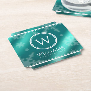 Festive Light Blue Folie Snowflakes Monogram Name Kartonnen Onderzetters