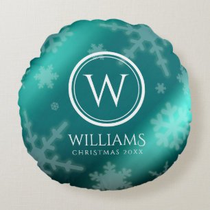 Festive Light Blue Folie Snowflakes Monogram Name Rond Kussen