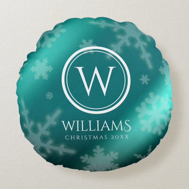 Festive Light Blue Folie Snowflakes Monogram Name Rond Kussen (Voorkant)