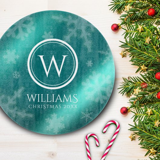 Festive Light Blue Folie Snowflakes Monogram Name Snijplank