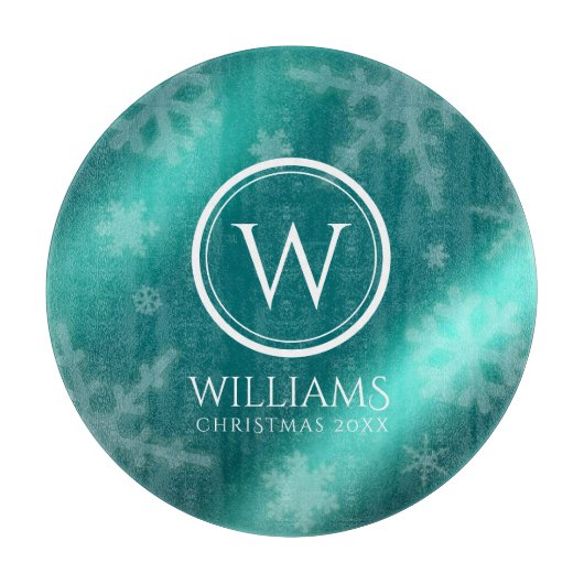 Festive Light Blue Folie Snowflakes Monogram Name Snijplank (Voorkant)