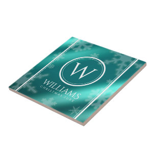 Festive Light Blue Folie Snowflakes Monogram Name Tegeltje