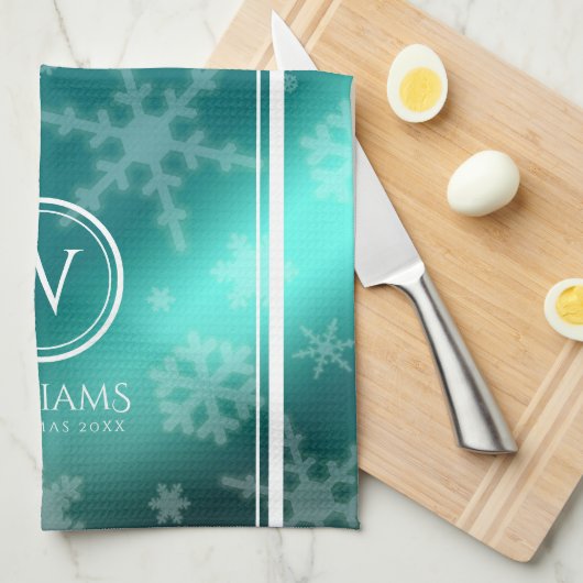 Festive Light Blue Folie Snowflakes Monogram Name Theedoek (Quarter Fold)