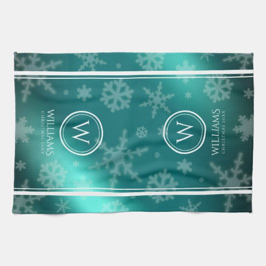 Festive Light Blue Folie Snowflakes Monogram Name Theedoek (Horizontaal)