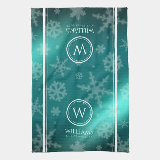 Festive Light Blue Folie Snowflakes Monogram Name Theedoek (Verticaal)
