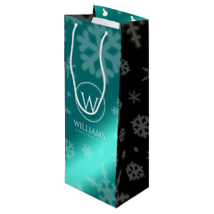 Festive Light Blue Folie Snowflakes Monogram Name Wijn Cadeautas