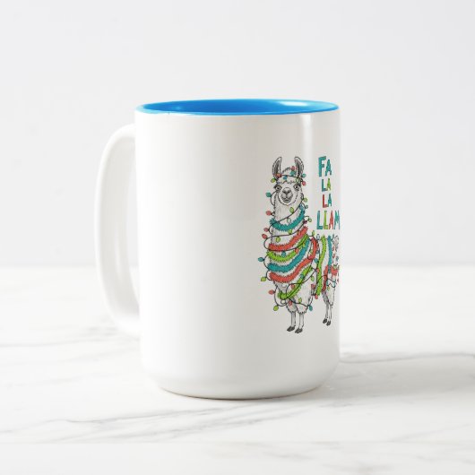 Festive Llama with Christmas Lights Tweekleurige Koffiemok (Voorkant links)