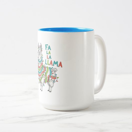 Festive Llama with Christmas Lights Tweekleurige Koffiemok (Voorkant rechts)