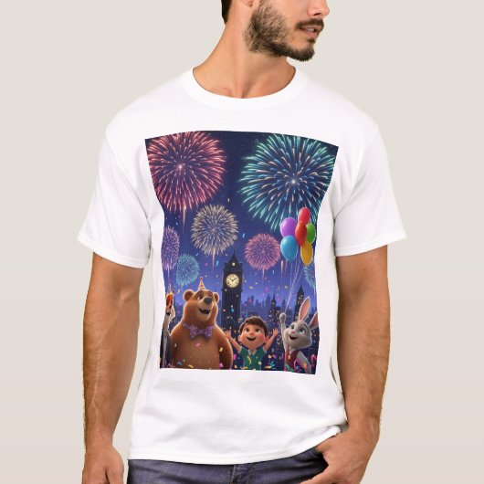 Festive London Fireworks with Cute Animal Friends T-shirt (Voorkant)