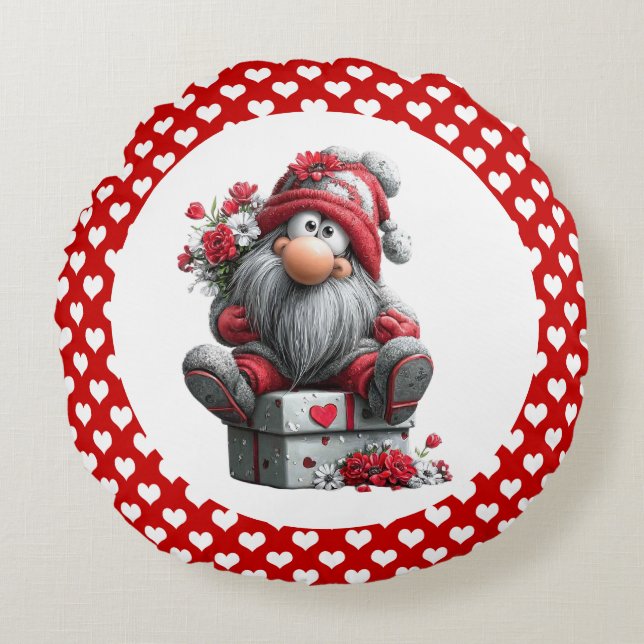 Festive Love Messenger Gnome "Heart and Presents"  Rond Kussen (Voorkant)