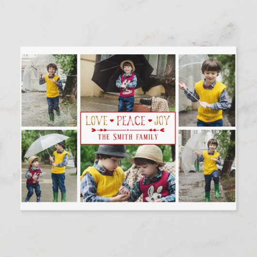 Festive Love, Peace, Joy | Zes fotocollage Briefkaart (Voorkant)