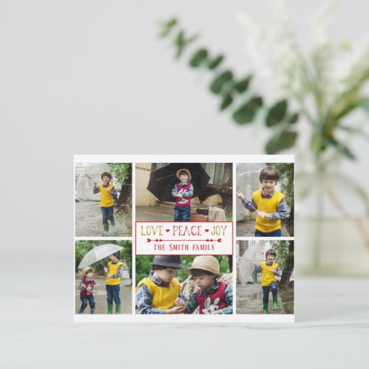Festive Love, Peace, Joy | Zes fotocollage Briefkaart (Staand voorkant)