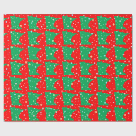 Festive Map of Minnesota Green on Red Snowflakes Cadeaupapier (Vlak)
