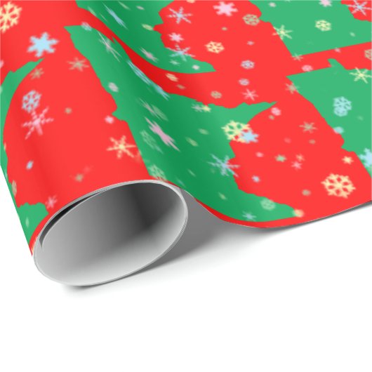 Festive Map of Minnesota Green on Red Snowflakes Cadeaupapier (Rol Hoek)