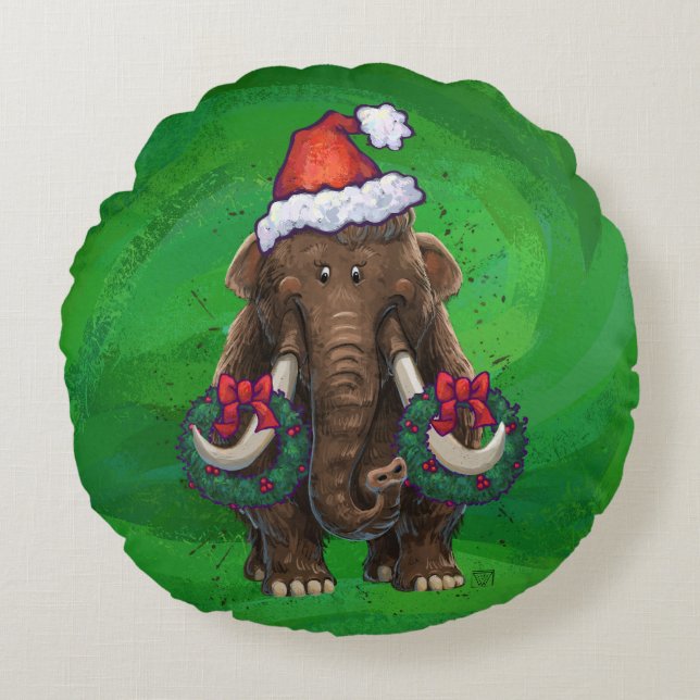 Festive Mastodon on Green Rond Kussen (Voorkant)