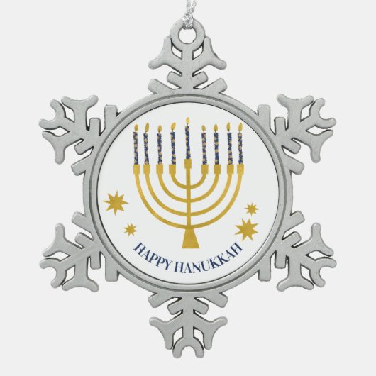 Festive Menorah Candles Happy Hanukkah Tin Sneeuwvlok Ornament (Voorkant)