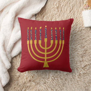 Festive Menorah Hanukkah Blue Candles Drawing Red Kussen