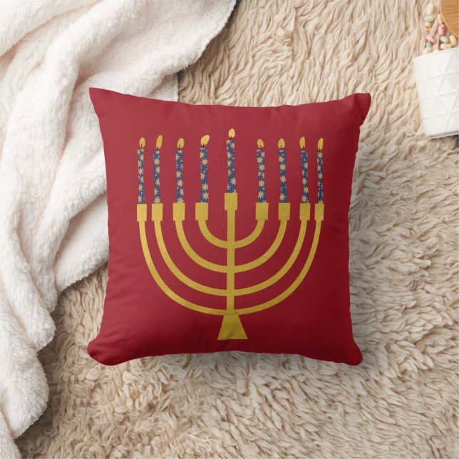 Festive Menorah Hanukkah Blue Candles Drawing Red Kussen (Deken)