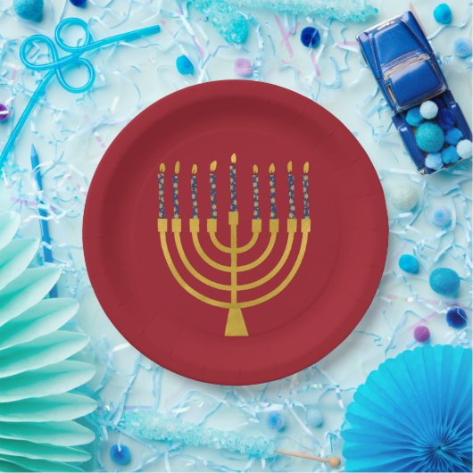 Festive Menorah Hanukkah Blue Candles Elegant Papieren Bordje (Feest)