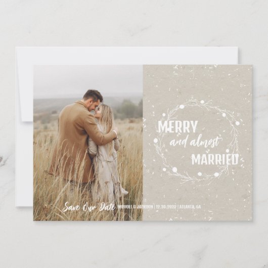 Festive Merry and Almost Married Holiday Save The Date (Voorkant)