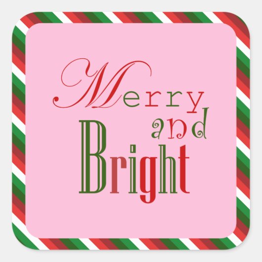 Festive Merry and Bright in Red Green and Pink Vierkante Sticker (Voorkant)