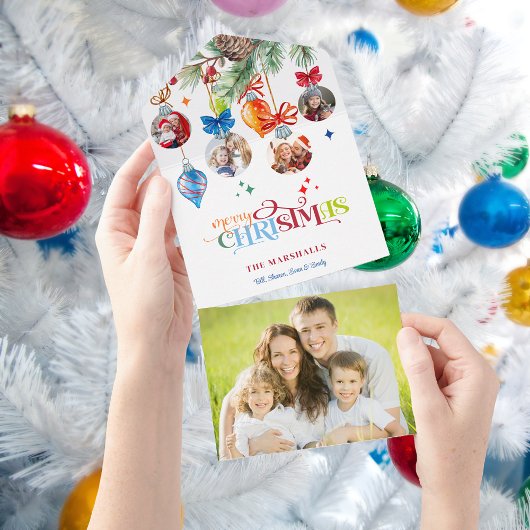 Festive Merry Christmas Pine & Baubles 4 Photo All In One Uitnodiging