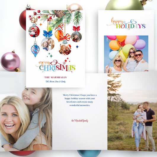 Festive Merry Christmas Pine & Baubles 4 Photo Drieluik Kaart